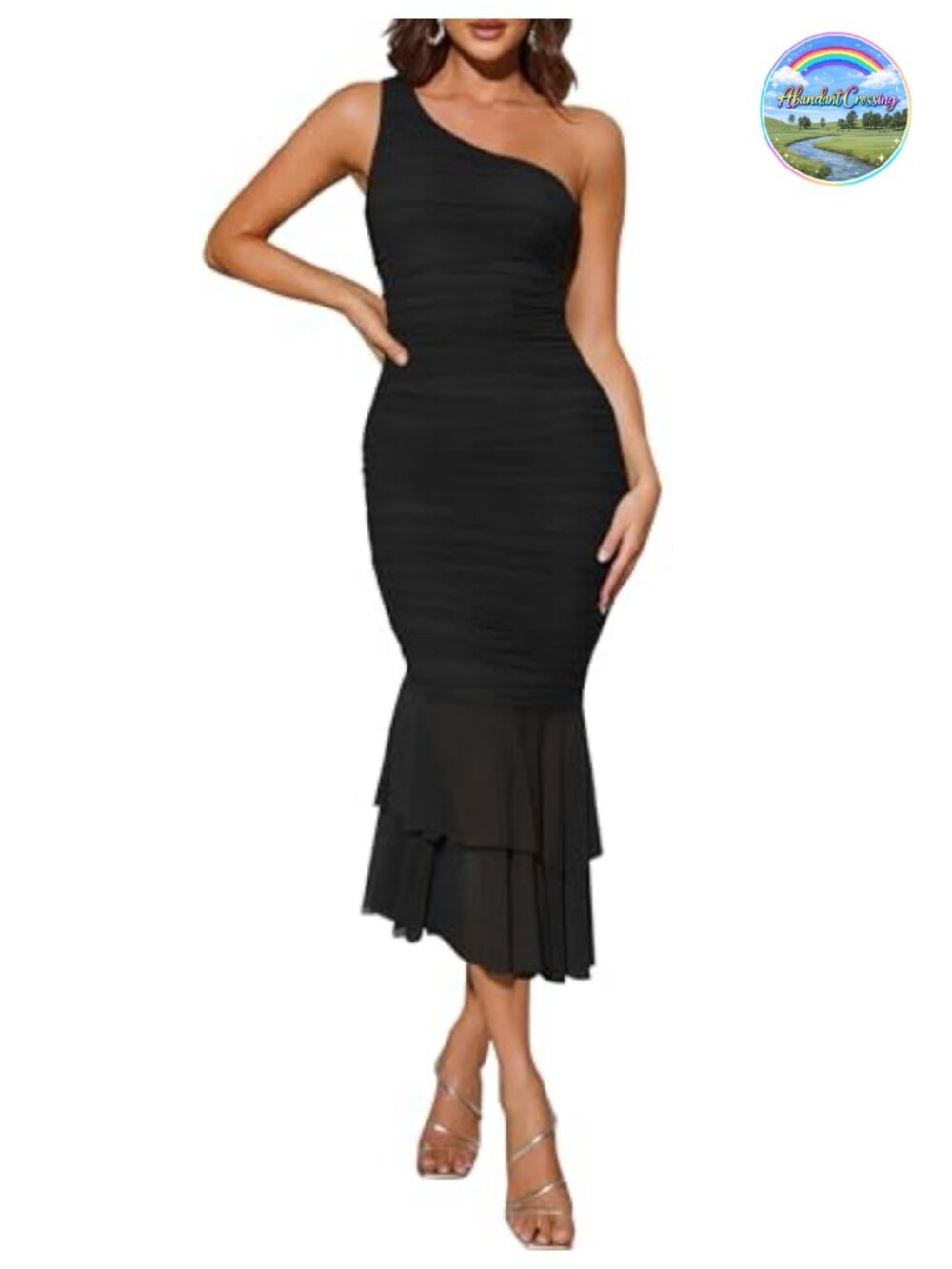 One Shoulder Bodycon Midi Dress Sleeveless Mesh Ruched Mermaid